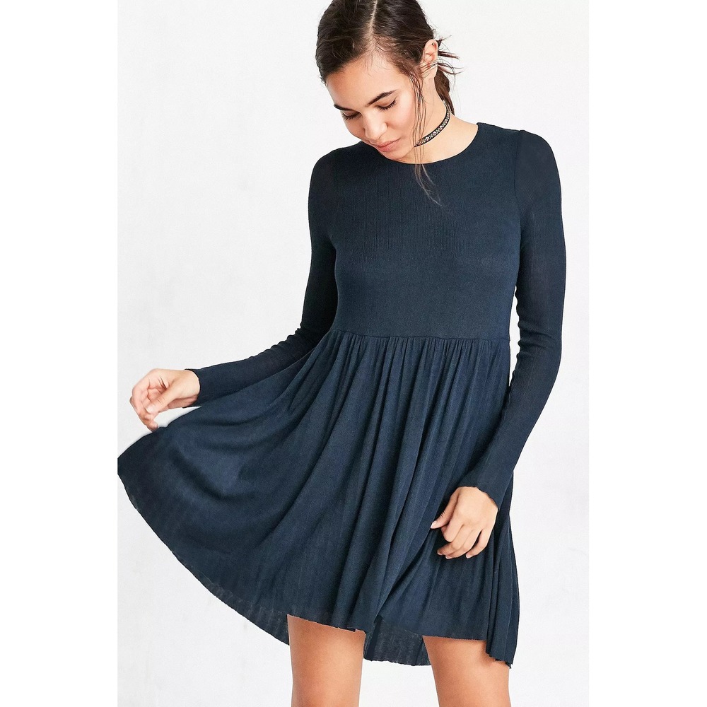 UO Kimchi Blue S Blue Vidal Ribbed Knit Long-Sleeve Babydoll Mini Dress